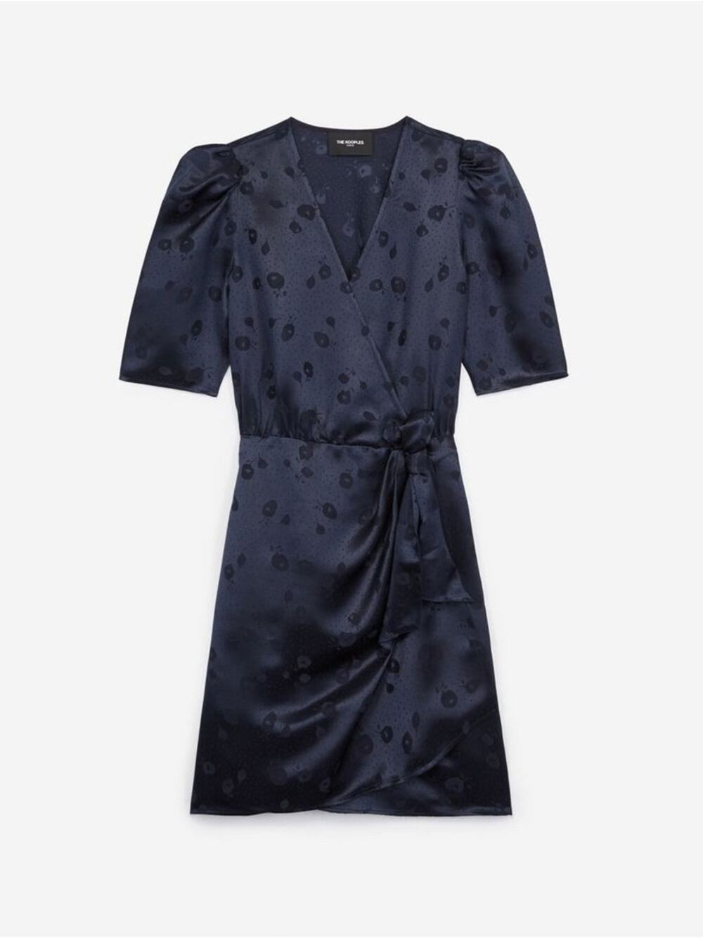 The Kooples Navy Jacquard Wrap Dress Silk Blend Tie Waist Puff‎ Sleeve